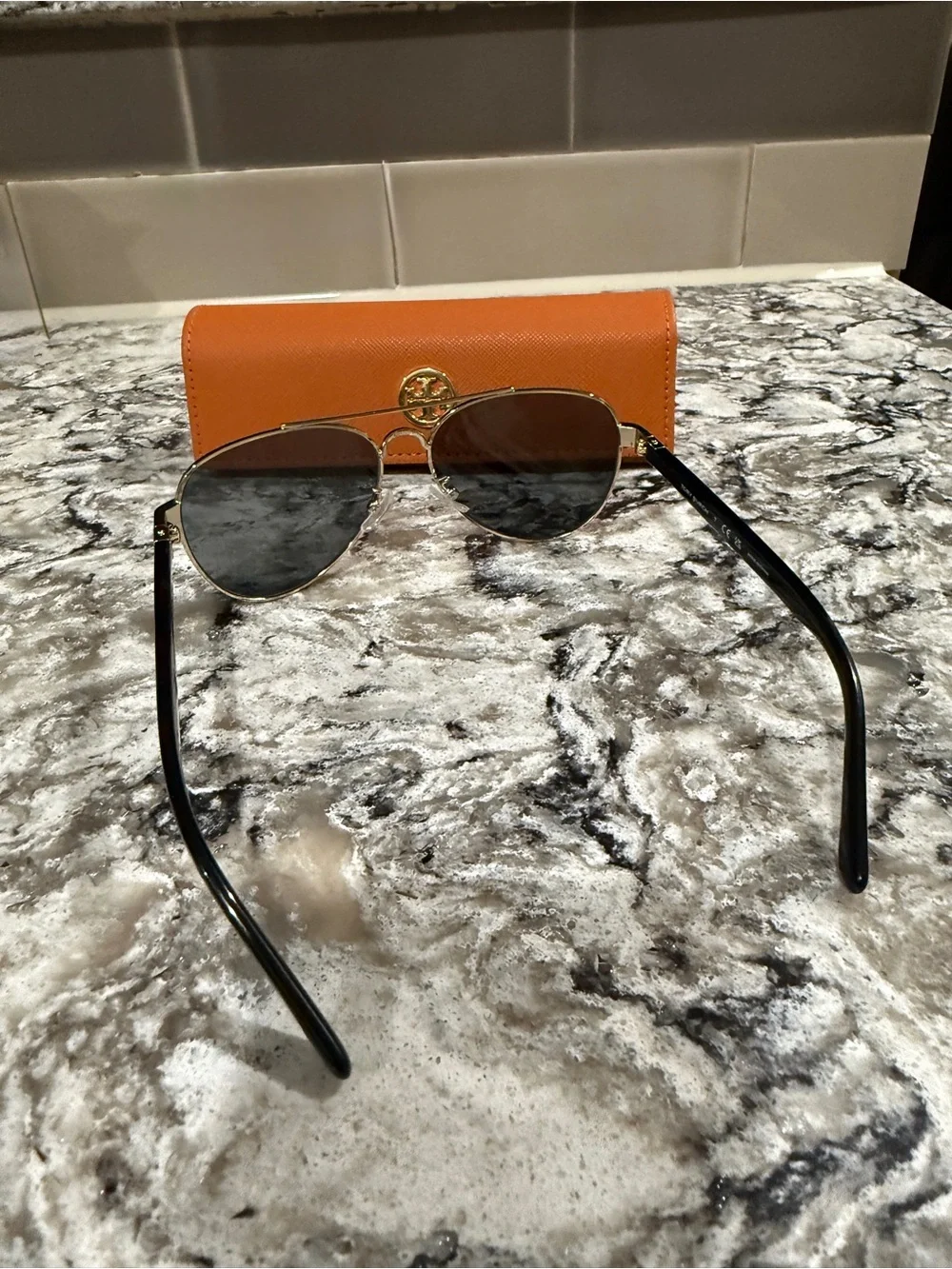 Tory Burch Gold Metal Aviator Sunglasses with Black Lenses